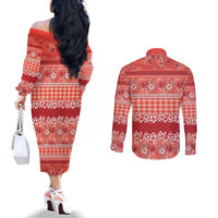 Hawaiian Hibiscus Honu Couples Matching Off The Shoulder Long Sleeve Dress and Long Sleeve Button Shirt Red Mele Kalikimaka Palaka Spirit LT9 - Polynesian Pride