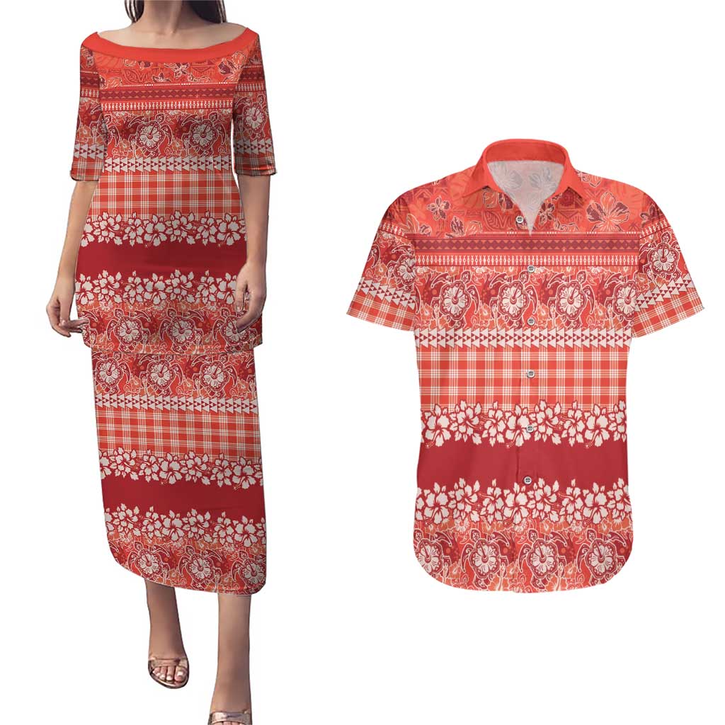 Hawaiian Hibiscus Honu Couples Matching Puletasi and Hawaiian Shirt Red Mele Kalikimaka Palaka Spirit - Polynesian Pride