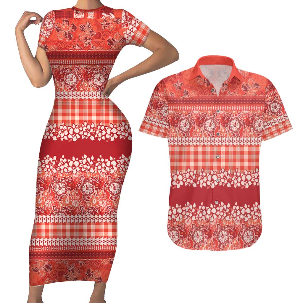 Hawaiian Hibiscus Honu Couples Matching Short Sleeve Bodycon Dress and Hawaiian Shirt Red Mele Kalikimaka Palaka Spirit LT9 Red - Polynesian Pride