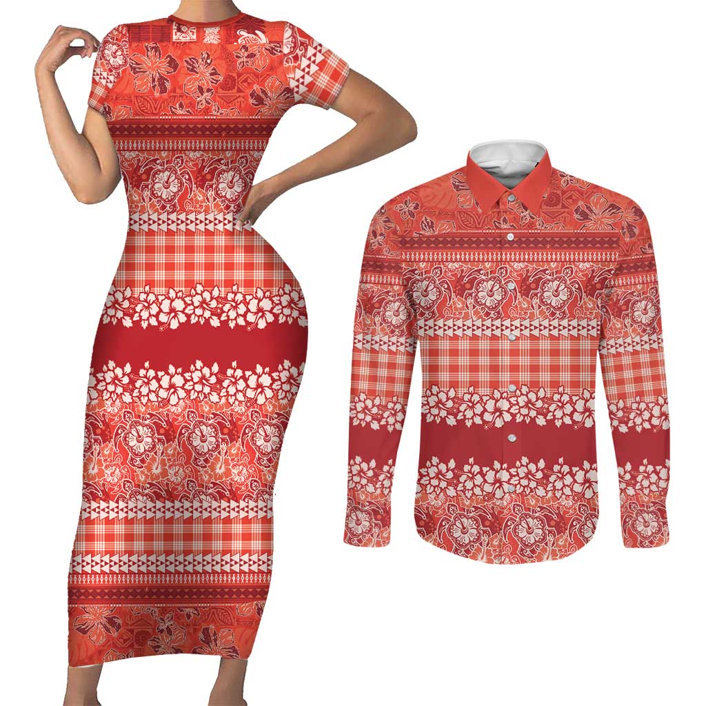 Hawaiian Hibiscus Honu Couples Matching Short Sleeve Bodycon Dress and Long Sleeve Button Shirt Red Mele Kalikimaka Palaka Spirit - Polynesian Pride