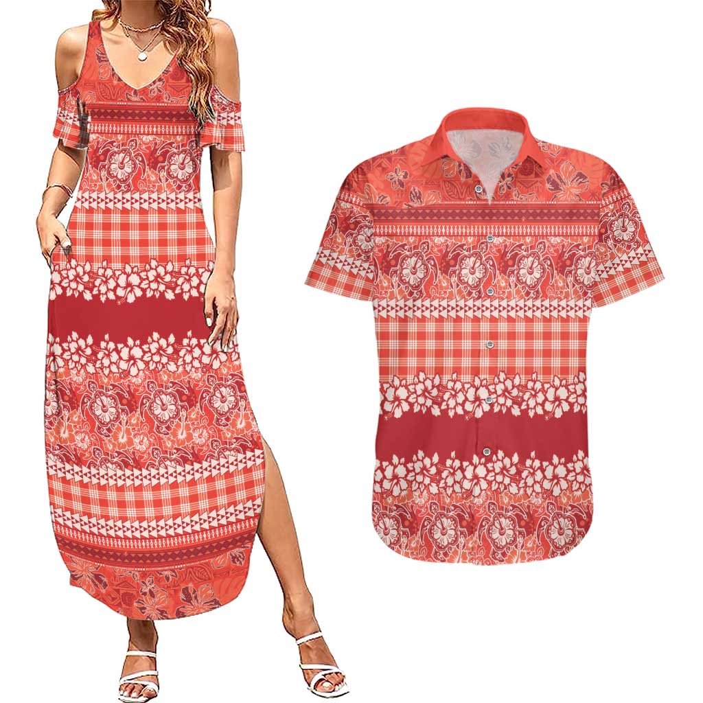 Hawaiian Hibiscus Honu Couples Matching Summer Maxi Dress and Hawaiian Shirt Red Mele Kalikimaka Palaka Spirit - Polynesian Pride