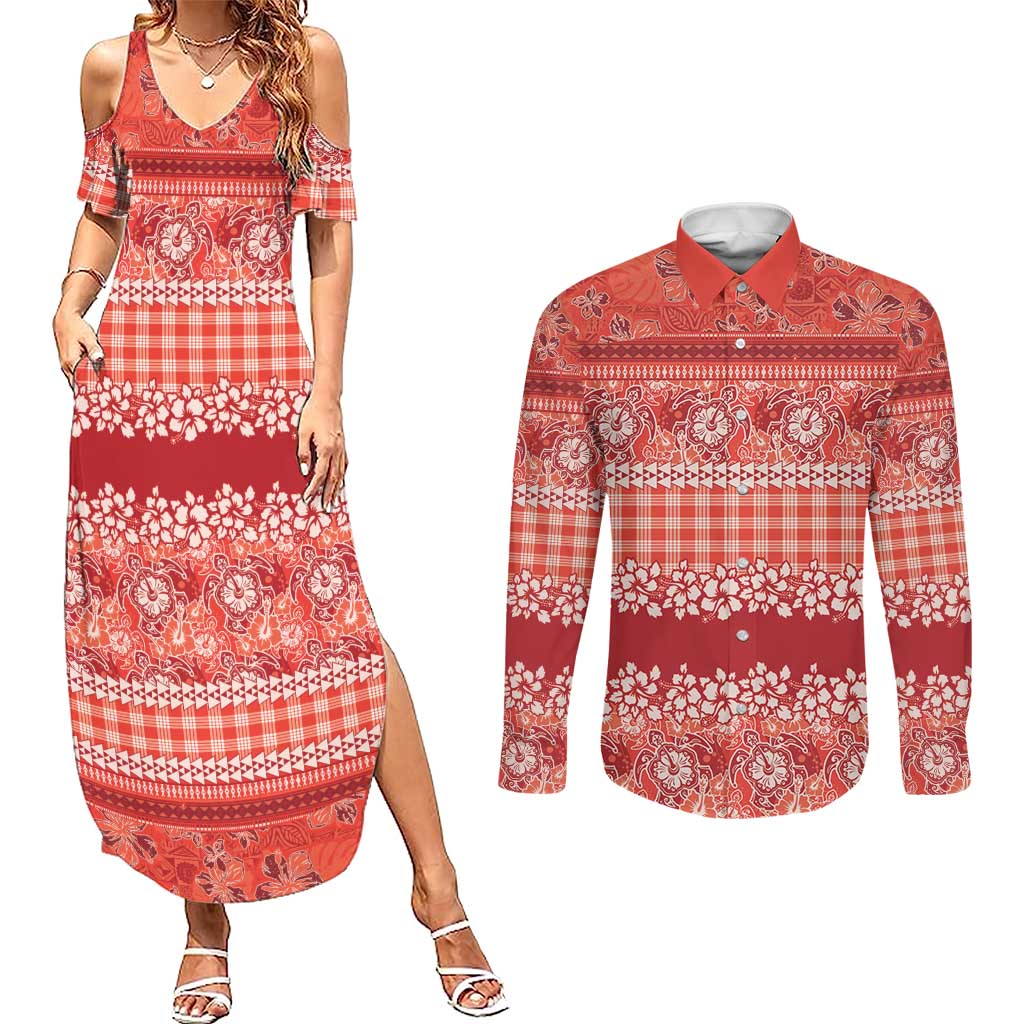 Hawaiian Hibiscus Honu Couples Matching Summer Maxi Dress and Long Sleeve Button Shirt Red Mele Kalikimaka Palaka Spirit - Polynesian Pride