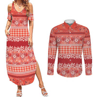Hawaiian Hibiscus Honu Couples Matching Summer Maxi Dress and Long Sleeve Button Shirt Red Mele Kalikimaka Palaka Spirit - Polynesian Pride