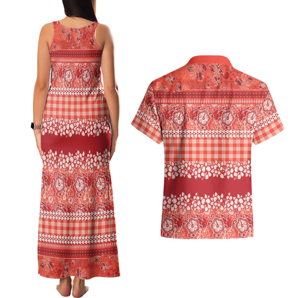 Hawaiian Hibiscus Honu Couples Matching Tank Maxi Dress and Hawaiian Shirt Red Mele Kalikimaka Palaka Spirit LT9 - Polynesian Pride