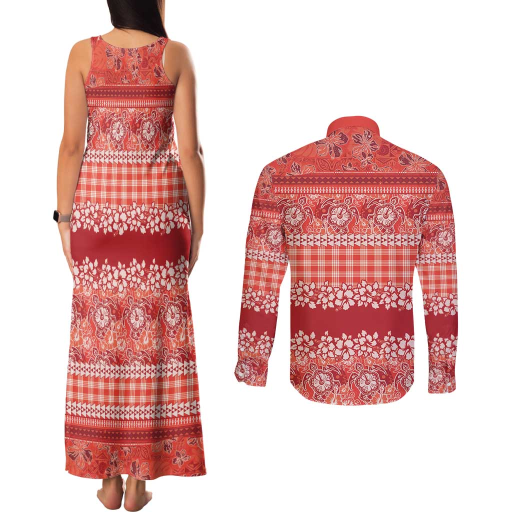 Hawaiian Hibiscus Honu Couples Matching Tank Maxi Dress and Long Sleeve Button Shirt Red Mele Kalikimaka Palaka Spirit LT9 - Polynesian Pride