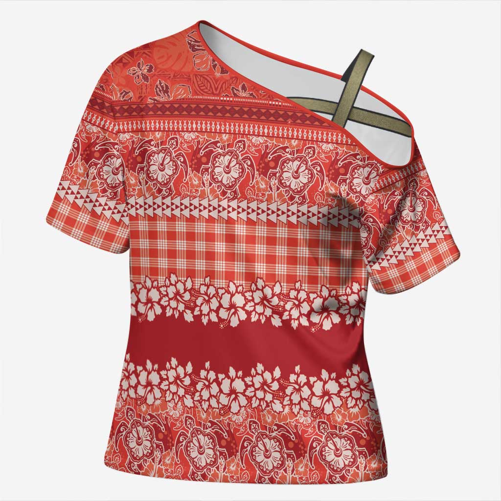 Hawaiian Hibiscus Honu Cross Shoulder Shirt Red Mele Kalikimaka Palaka Spirit LT9 Female Red - Polynesian Pride
