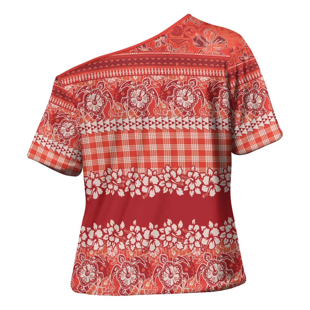 Hawaiian Hibiscus Honu Cross Shoulder Shirt Red Mele Kalikimaka Palaka Spirit LT9 - Polynesian Pride