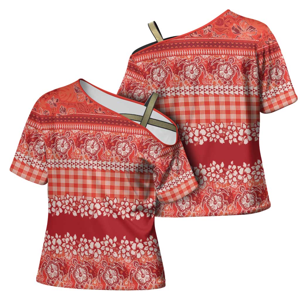 Hawaiian Hibiscus Honu Cross Shoulder Shirt Red Mele Kalikimaka Palaka Spirit LT9 - Polynesian Pride