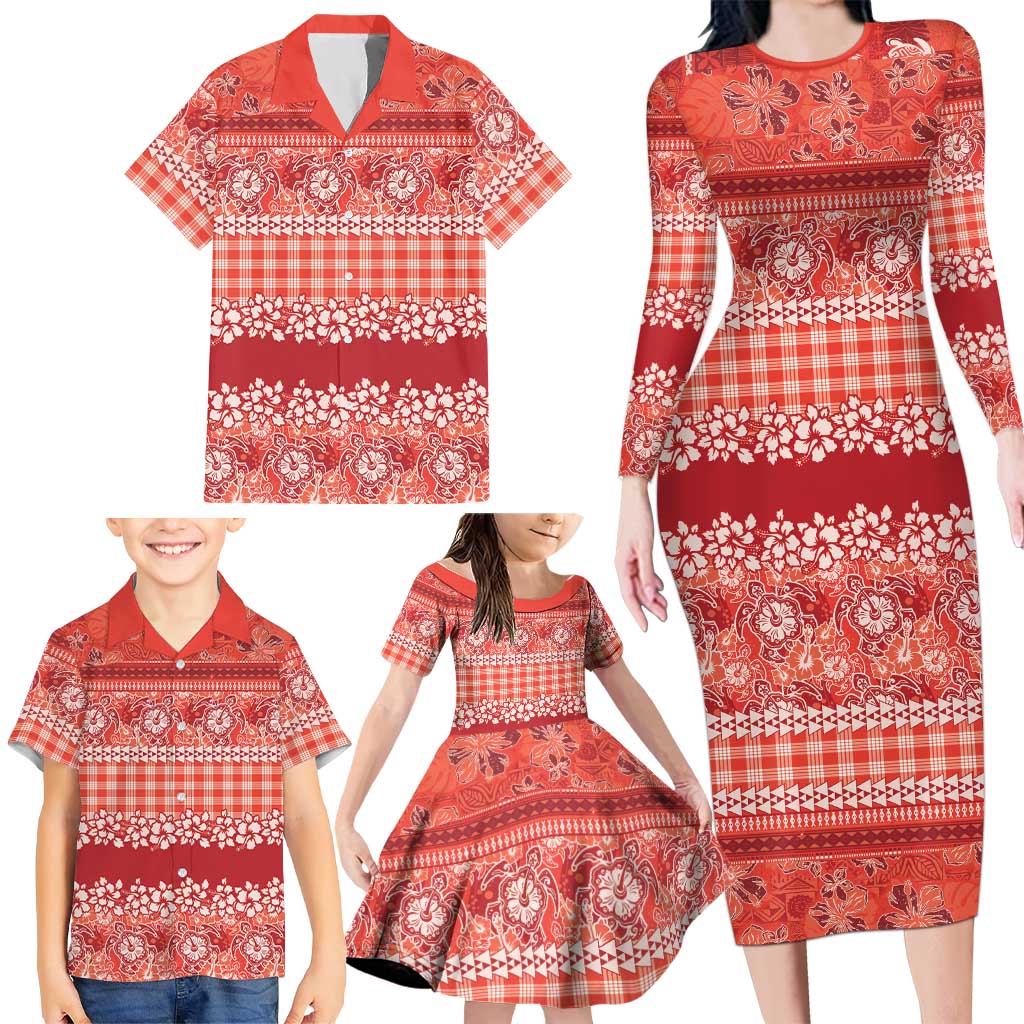 Hawaiian Hibiscus Honu Family Matching Long Sleeve Bodycon Dress and Hawaiian Shirt Red Mele Kalikimaka Palaka Spirit LT9 - Polynesian Pride