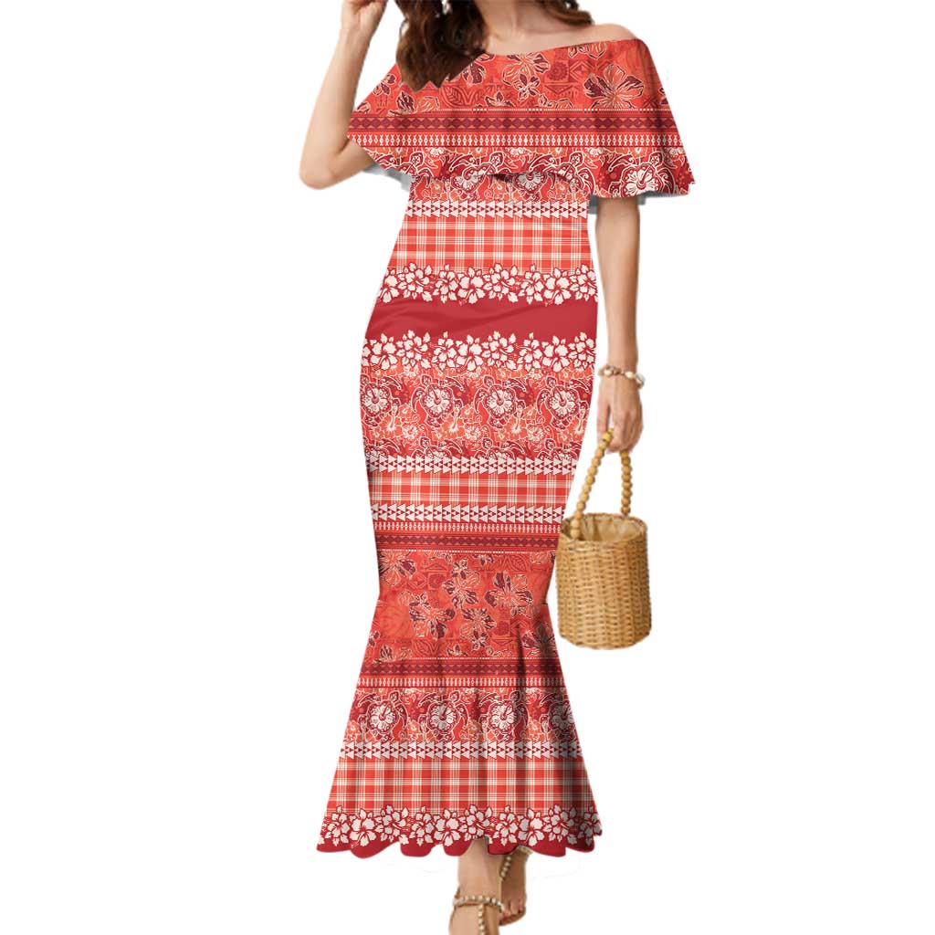 Hawaiian Hibiscus Honu Family Matching Mermaid Dress and Hawaiian Shirt Red Mele Kalikimaka Palaka Spirit LT9 Red - Polynesian Pride