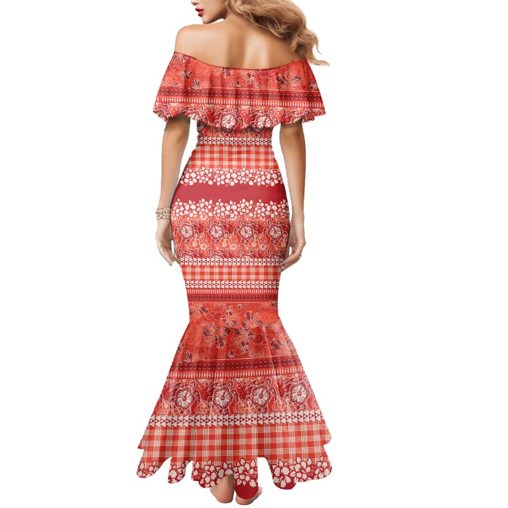 Hawaiian Hibiscus Honu Family Matching Mermaid Dress and Hawaiian Shirt Red Mele Kalikimaka Palaka Spirit LT9 - Polynesian Pride