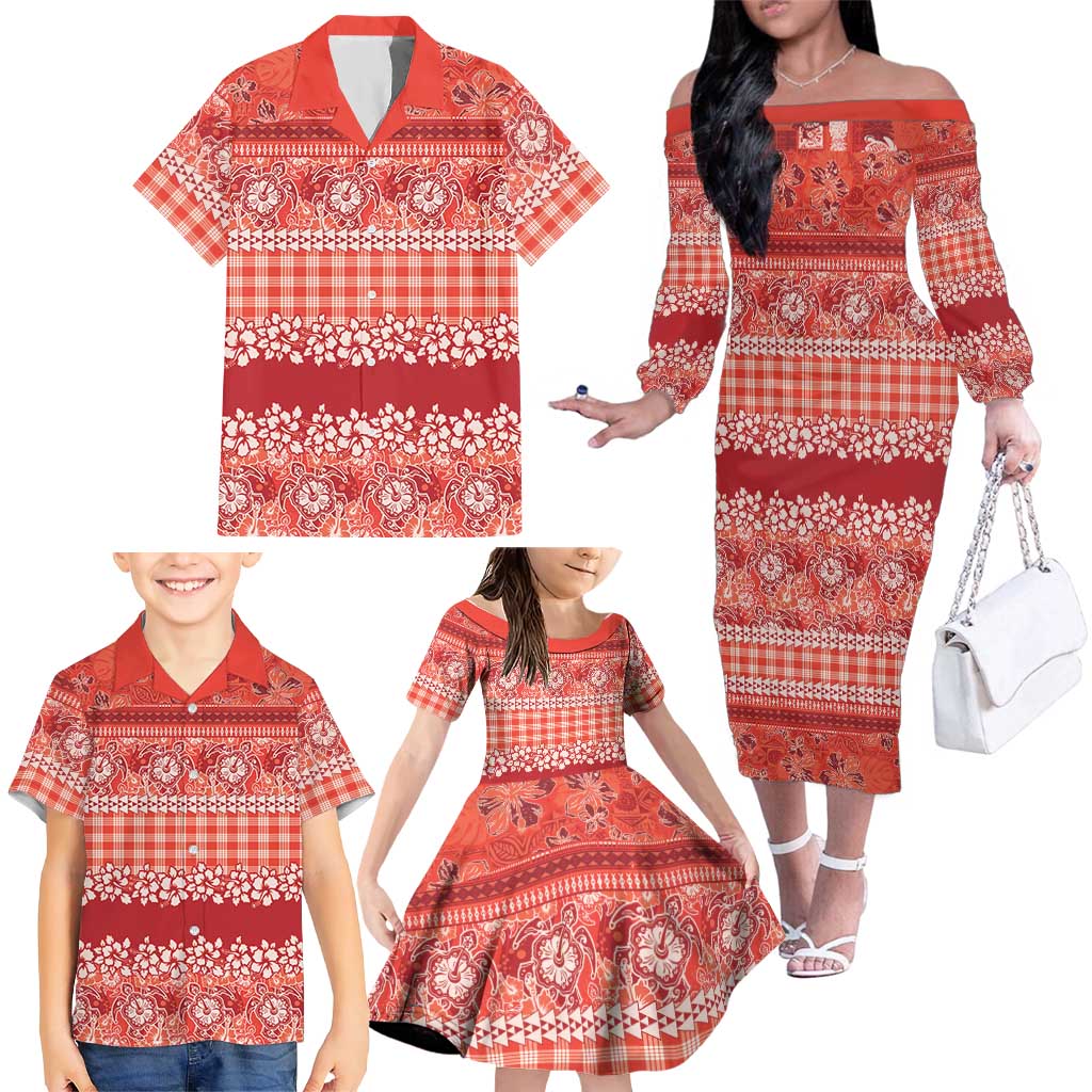 Hawaiian Hibiscus Honu Family Matching Off The Shoulder Long Sleeve Dress and Hawaiian Shirt Red Mele Kalikimaka Palaka Spirit LT9 - Polynesian Pride
