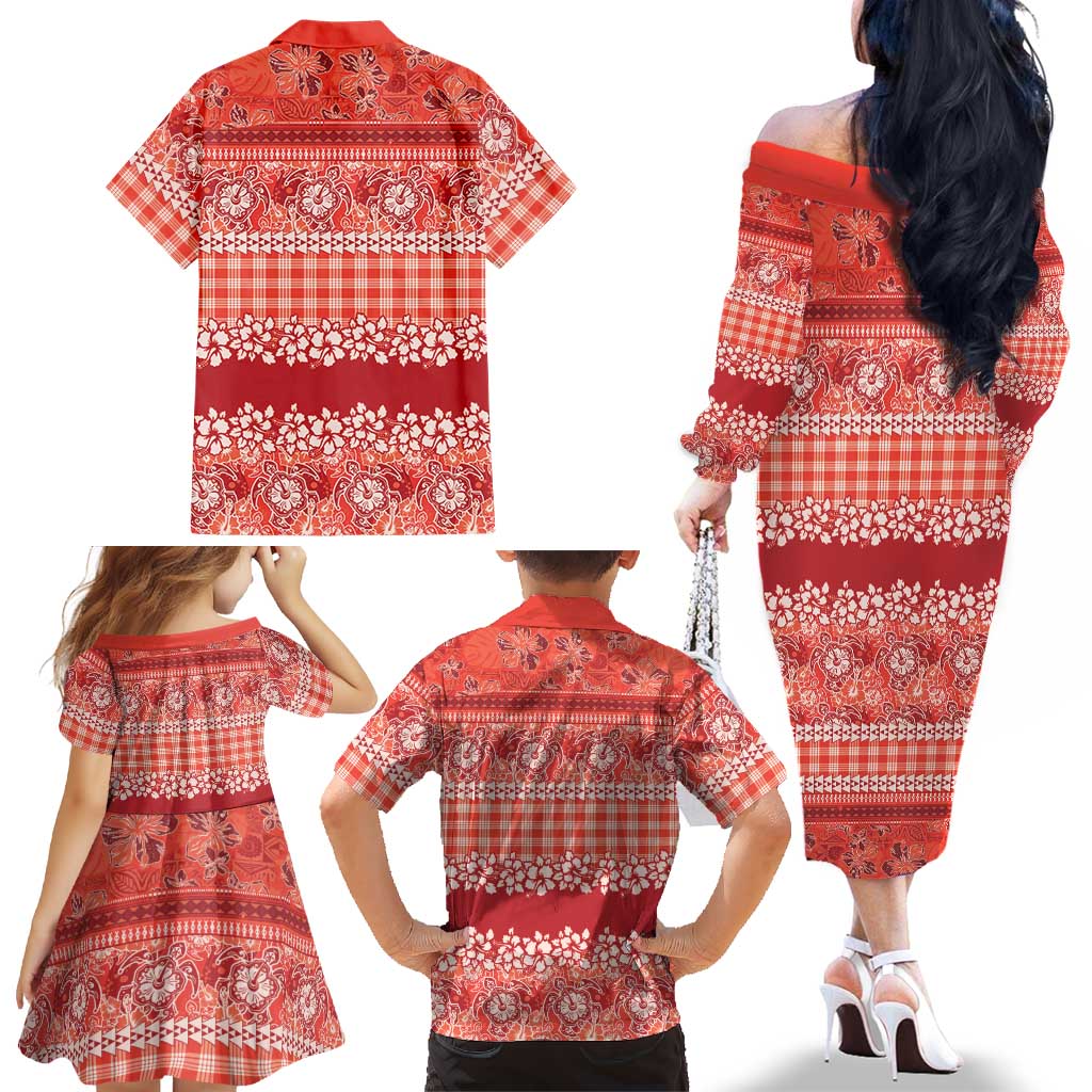 Hawaiian Hibiscus Honu Family Matching Off The Shoulder Long Sleeve Dress and Hawaiian Shirt Red Mele Kalikimaka Palaka Spirit LT9 - Polynesian Pride