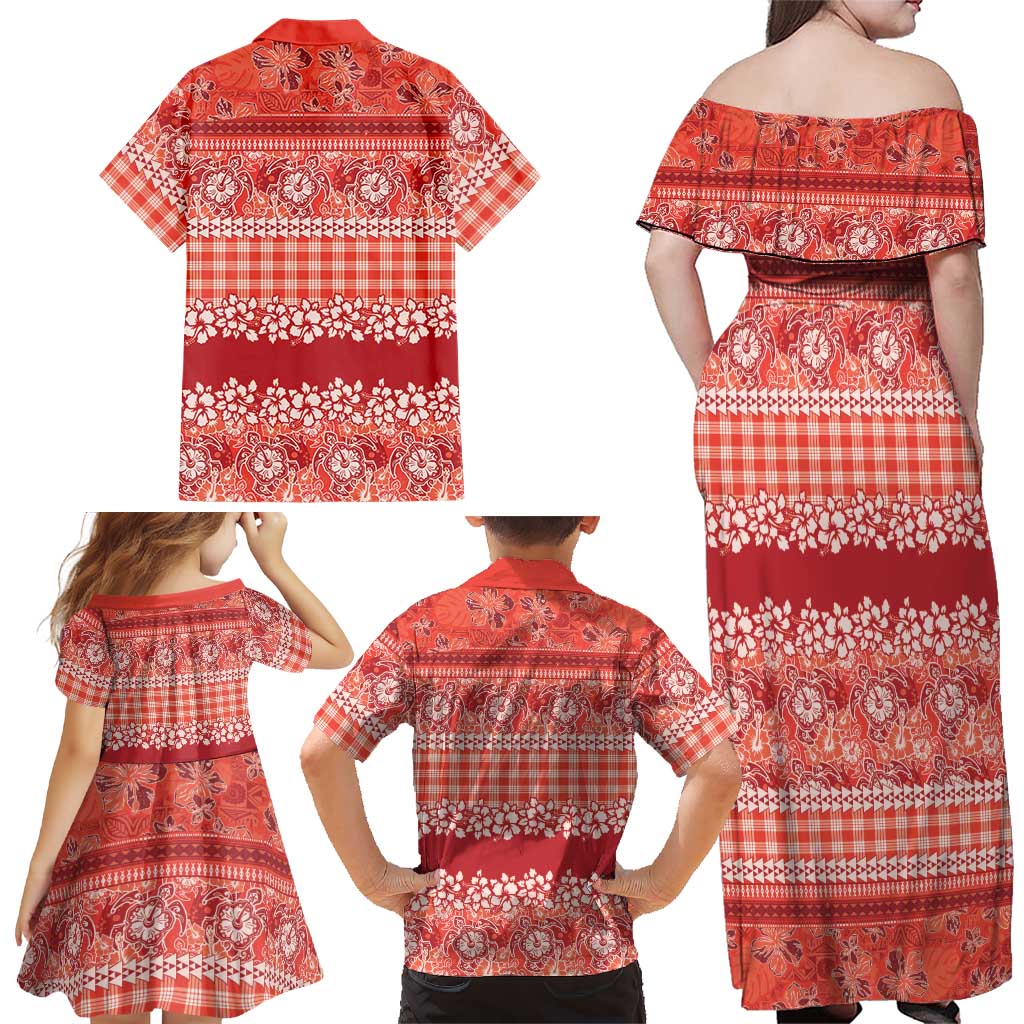 Hawaiian Hibiscus Honu Family Matching Off Shoulder Maxi Dress and Hawaiian Shirt Red Mele Kalikimaka Palaka Spirit LT9 - Polynesian Pride