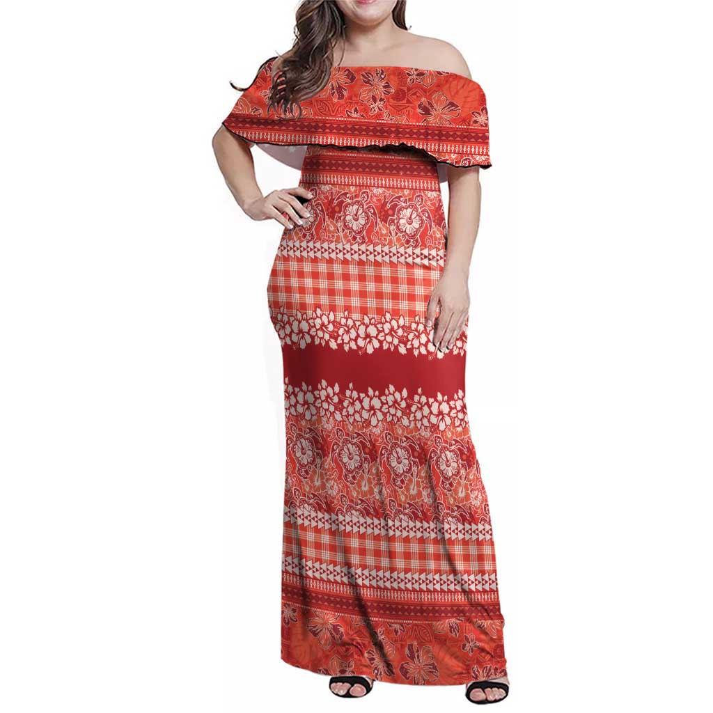 Hawaiian Hibiscus Honu Family Matching Off Shoulder Maxi Dress and Hawaiian Shirt Red Mele Kalikimaka Palaka Spirit LT9 Red - Polynesian Pride