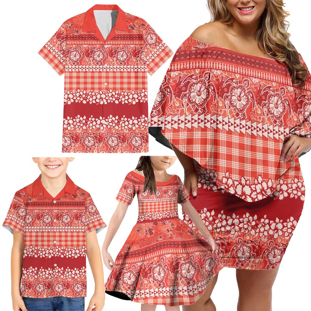 Hawaiian Hibiscus Honu Family Matching Off Shoulder Short Dress and Hawaiian Shirt Red Mele Kalikimaka Palaka Spirit - Polynesian Pride