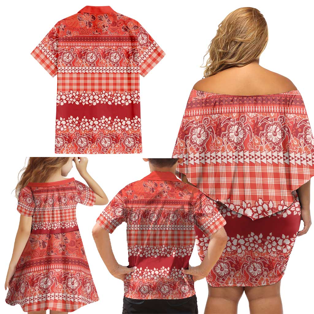 Hawaiian Hibiscus Honu Family Matching Off Shoulder Short Dress and Hawaiian Shirt Red Mele Kalikimaka Palaka Spirit LT9 - Polynesian Pride