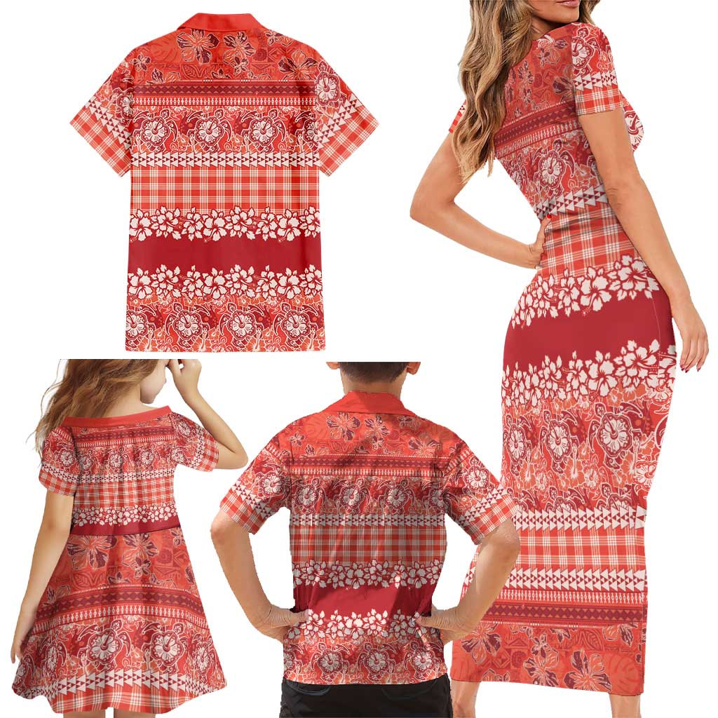 Hawaiian Hibiscus Honu Family Matching Short Sleeve Bodycon Dress and Hawaiian Shirt Red Mele Kalikimaka Palaka Spirit LT9 - Polynesian Pride