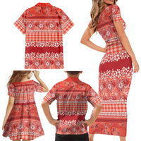 Hawaiian Hibiscus Honu Family Matching Short Sleeve Bodycon Dress and Hawaiian Shirt Red Mele Kalikimaka Palaka Spirit LT9 - Polynesian Pride