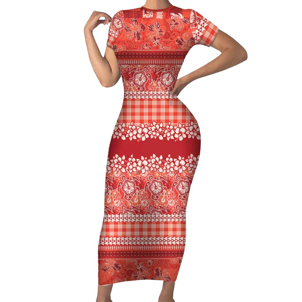Hawaiian Hibiscus Honu Family Matching Short Sleeve Bodycon Dress and Hawaiian Shirt Red Mele Kalikimaka Palaka Spirit LT9 Red - Polynesian Pride