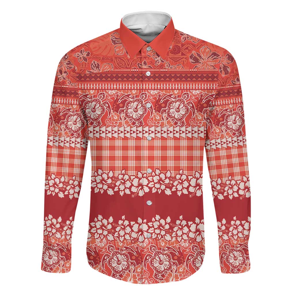 Hawaiian Hibiscus Honu Family Matching Summer Maxi Dress and Hawaiian Shirt Red Mele Kalikimaka Palaka Spirit LT9 Dad's Shirt - Long Sleeve Red - Polynesian Pride