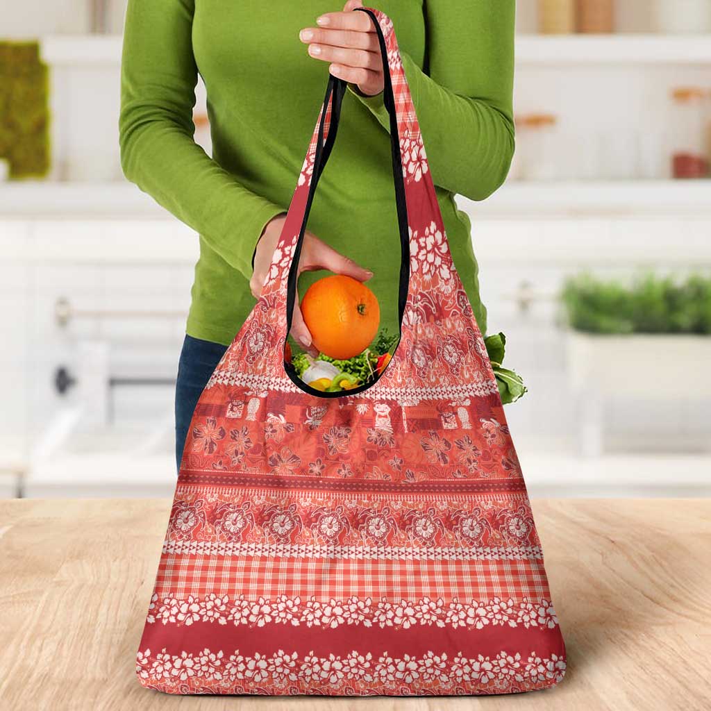 Hawaiian Hibiscus Honu Grocery Bag Red Mele Kalikimaka Palaka Spirit - Polynesian Pride