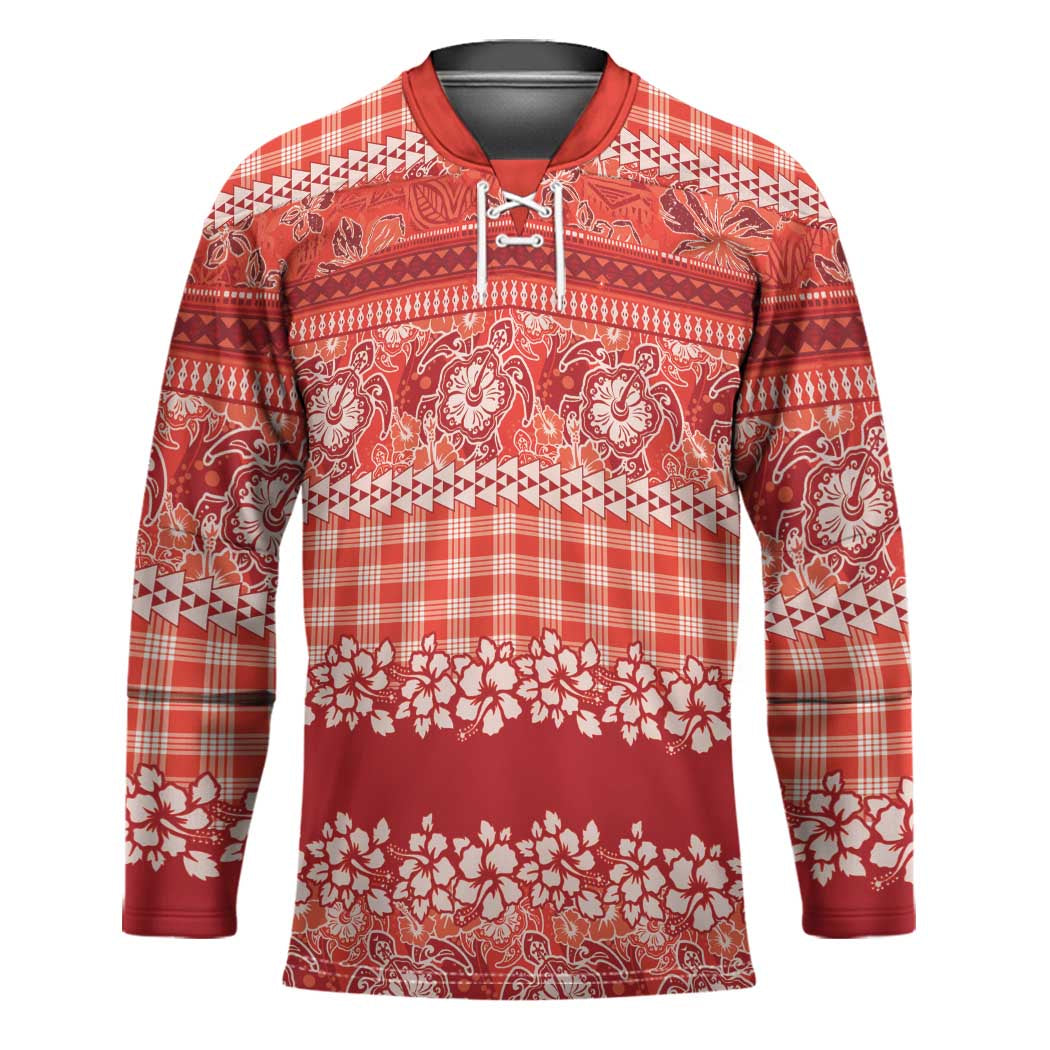 Hawaiian Hibiscus Honu Hockey Jersey Red Mele Kalikimaka Palaka Spirit - Polynesian Pride