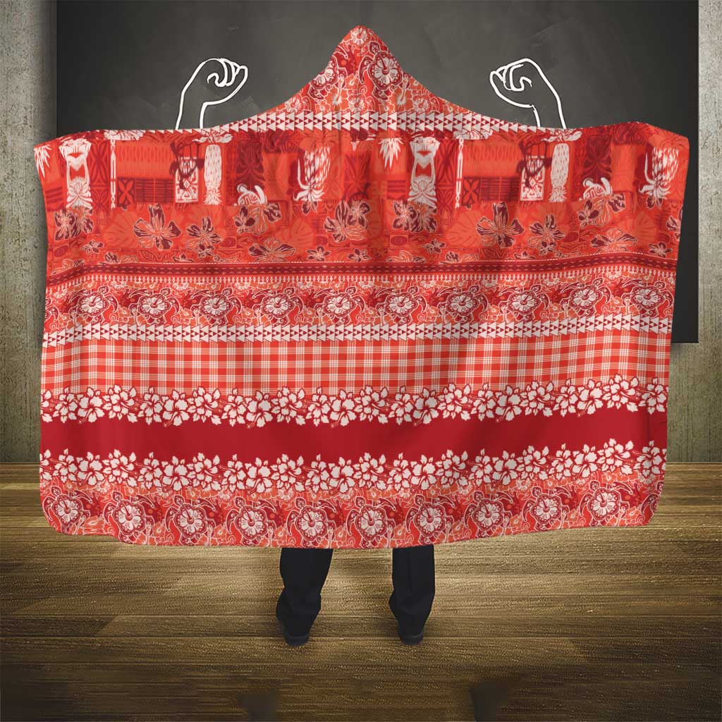 Hawaiian Hibiscus Honu Hooded Blanket Red Mele Kalikimaka Palaka Spirit - Polynesian Pride