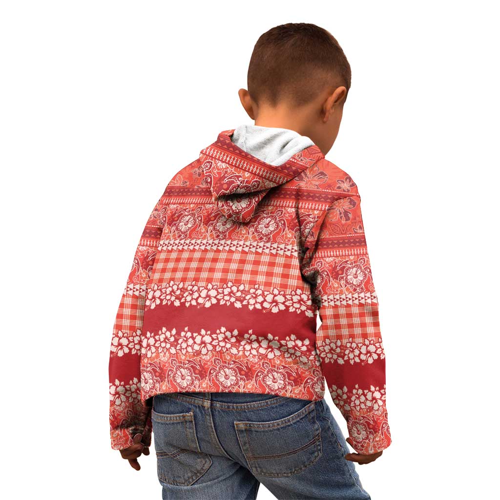Hawaiian Hibiscus Honu Kid Hoodie Red Mele Kalikimaka Palaka Spirit - Polynesian Pride