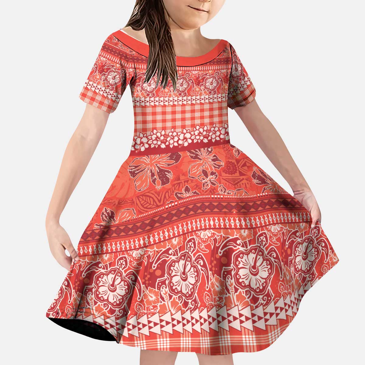 Hawaiian Hibiscus Honu Kid Short Sleeve Dress Red Mele Kalikimaka Palaka Spirit - Polynesian Pride
