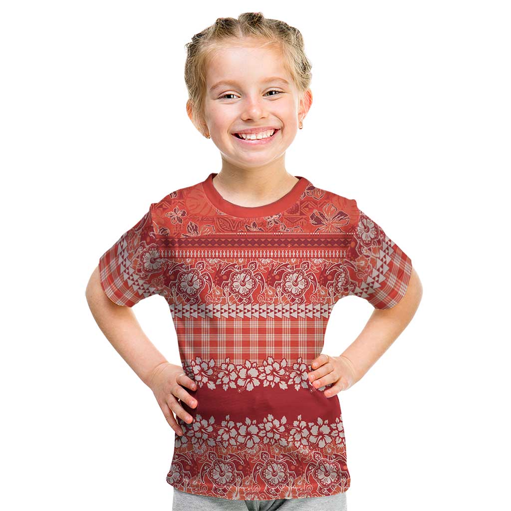 Hawaiian Hibiscus Honu Kid T Shirt Red Mele Kalikimaka Palaka Spirit - Polynesian Pride