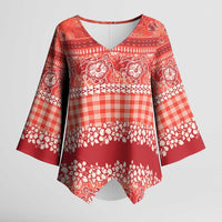 Hawaiian Hibiscus Honu Kimono Sleeve Blouse Red Mele Kalikimaka Palaka Spirit - Polynesian Pride