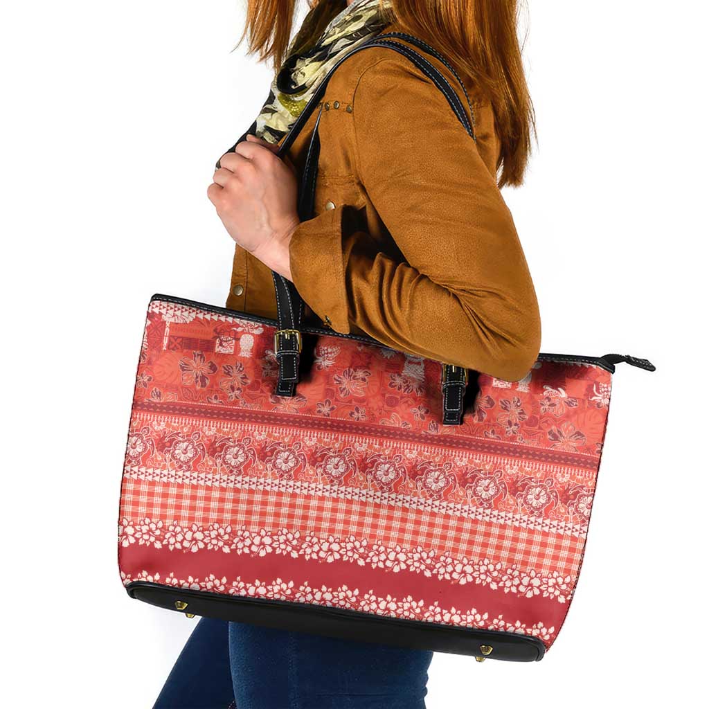 Hawaiian Hibiscus Honu Leather Tote Bag Red Mele Kalikimaka Palaka Spirit - Polynesian Pride
