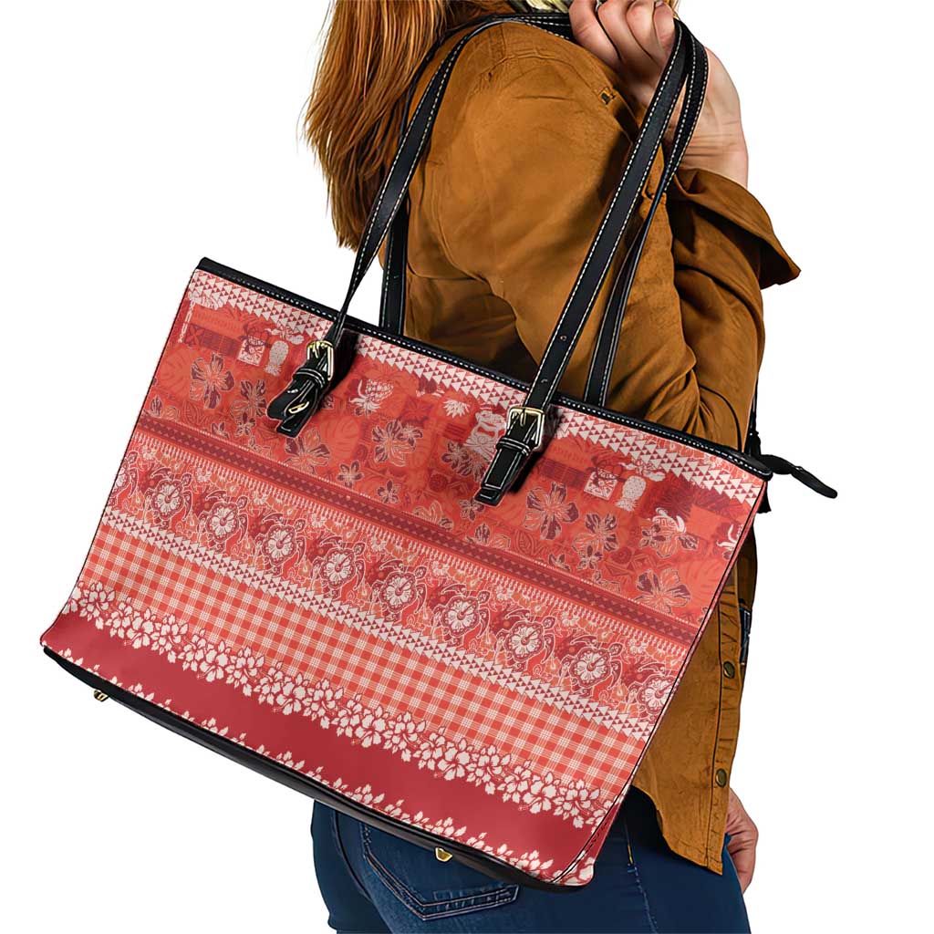 Hawaiian Hibiscus Honu Leather Tote Bag Red Mele Kalikimaka Palaka Spirit - Polynesian Pride