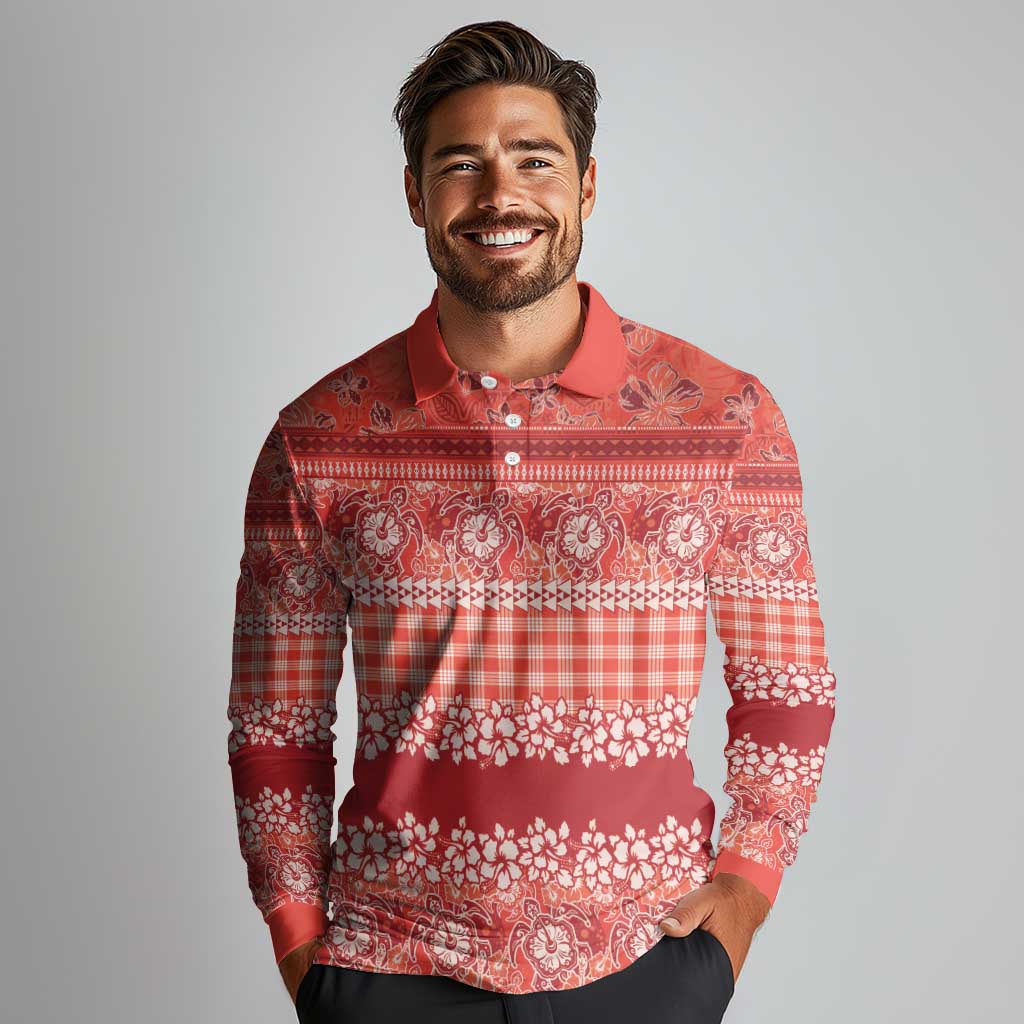 Hawaiian Hibiscus Honu Long Sleeve Polo Shirt Red Mele Kalikimaka Palaka Spirit - Polynesian Pride
