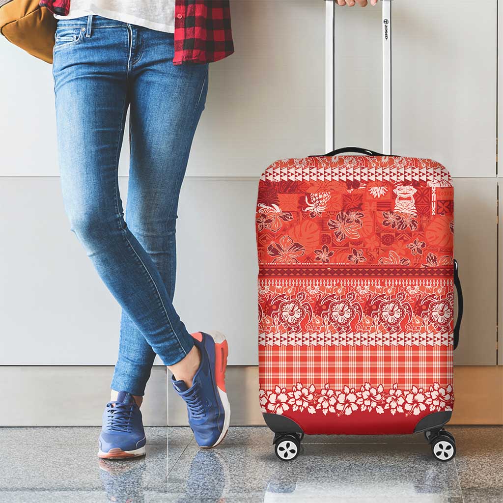 Hawaiian Hibiscus Honu Luggage Cover Red Mele Kalikimaka Palaka Spirit - Polynesian Pride