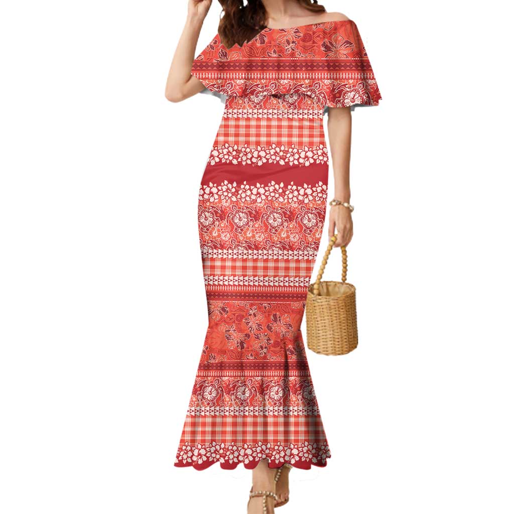Hawaiian Hibiscus Honu Mermaid Dress Red Mele Kalikimaka Palaka Spirit - Polynesian Pride