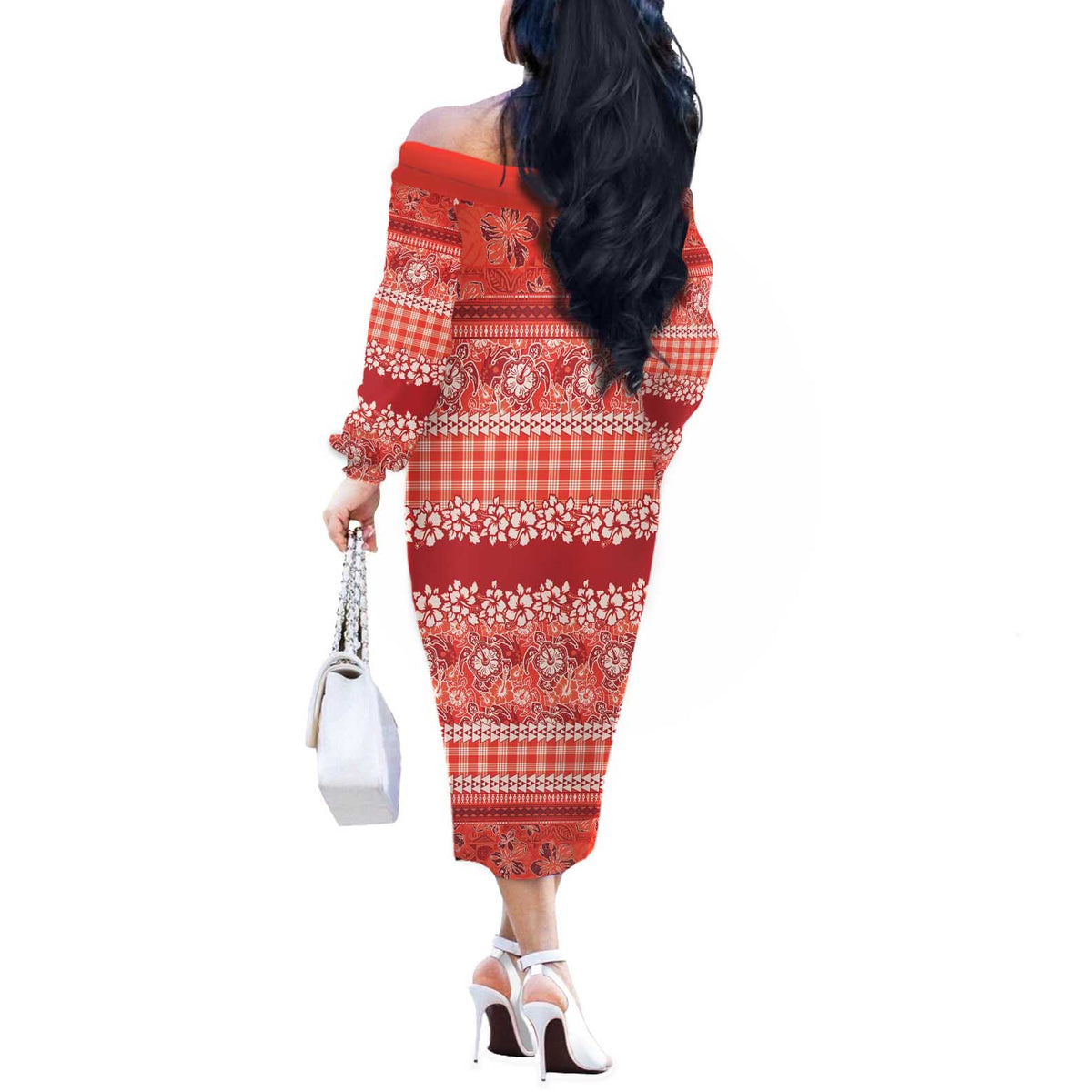 Hawaiian Hibiscus Honu Off The Shoulder Long Sleeve Dress Red Mele Kalikimaka Palaka Spirit - Polynesian Pride