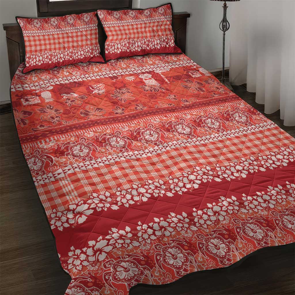 Hawaiian Hibiscus Honu Quilt Bed Set Red Mele Kalikimaka Palaka Spirit - Polynesian Pride
