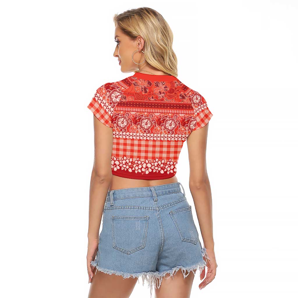 Hawaiian Hibiscus Honu Raglan Cropped T Shirt Red Mele Kalikimaka Palaka Spirit - Polynesian Pride