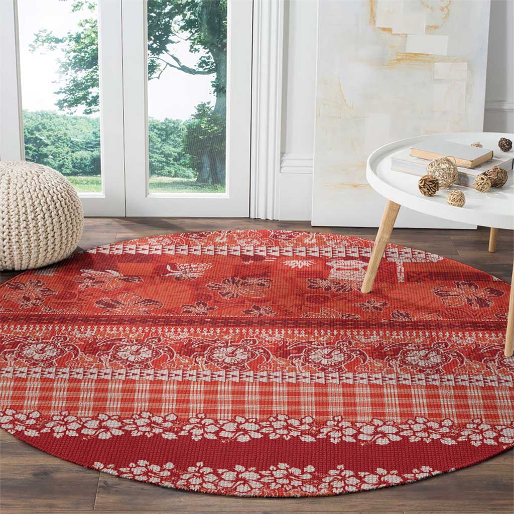 Hawaiian Hibiscus Honu Round Carpet Red Mele Kalikimaka Palaka Spirit - Polynesian Pride