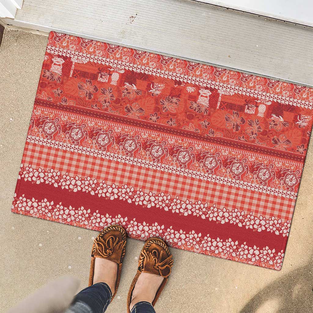 Hawaiian Hibiscus Honu Rubber Doormat Red Mele Kalikimaka Palaka Spirit - Polynesian Pride