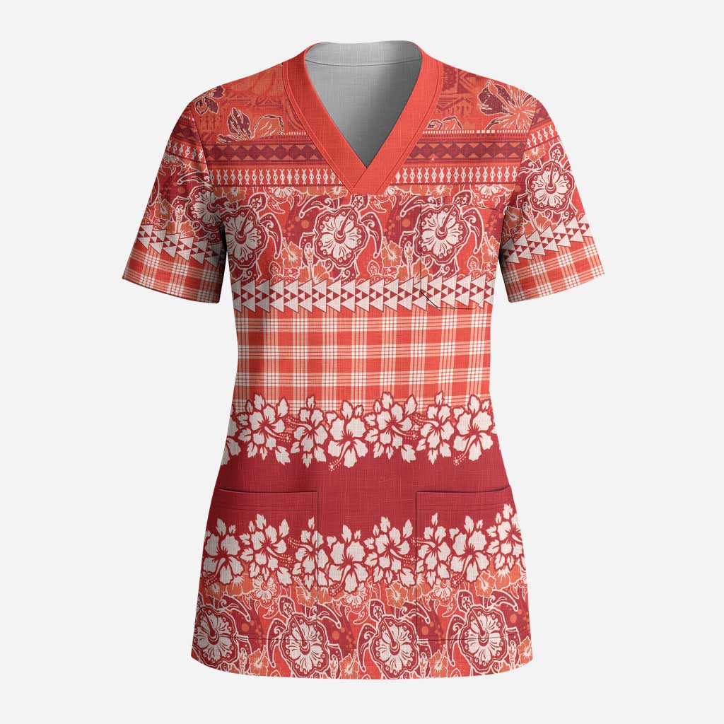 Hawaiian Hibiscus Honu Scrub Top Red Mele Kalikimaka Palaka Spirit - Polynesian Pride