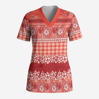 Hawaiian Hibiscus Honu Scrub Top Red Mele Kalikimaka Palaka Spirit LT9 Adult Red - Polynesian Pride