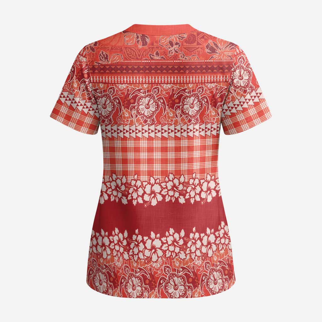 Hawaiian Hibiscus Honu Scrub Top Red Mele Kalikimaka Palaka Spirit LT9 - Polynesian Pride