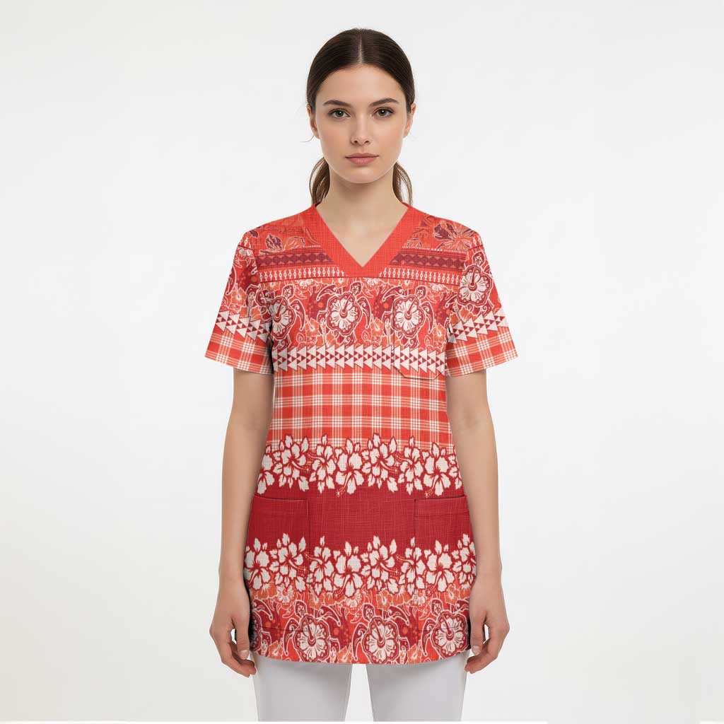Hawaiian Hibiscus Honu Scrub Top Red Mele Kalikimaka Palaka Spirit LT9 - Polynesian Pride