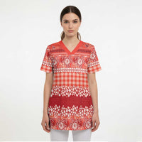 Hawaiian Hibiscus Honu Scrub Top Red Mele Kalikimaka Palaka Spirit LT9 - Polynesian Pride
