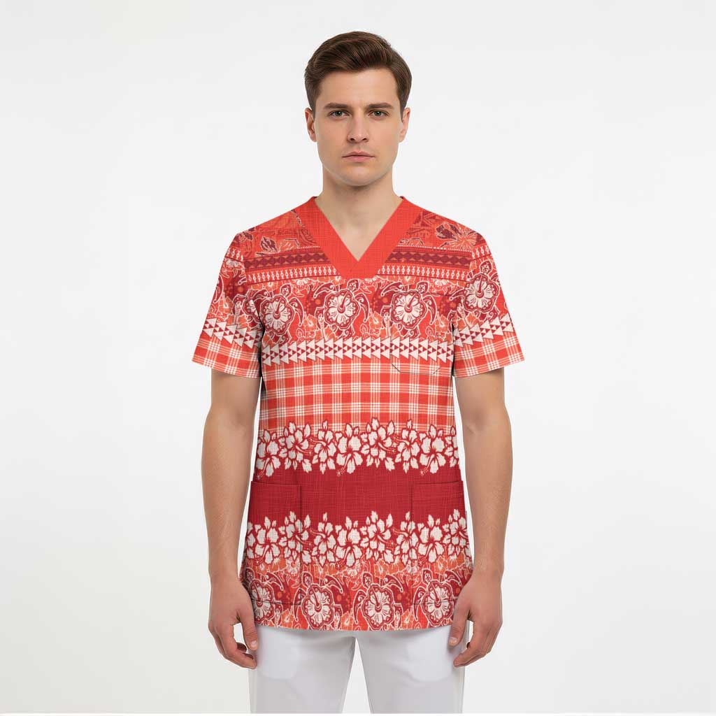 Hawaiian Hibiscus Honu Scrub Top Red Mele Kalikimaka Palaka Spirit LT9 - Polynesian Pride