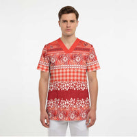 Hawaiian Hibiscus Honu Scrub Top Red Mele Kalikimaka Palaka Spirit LT9 - Polynesian Pride