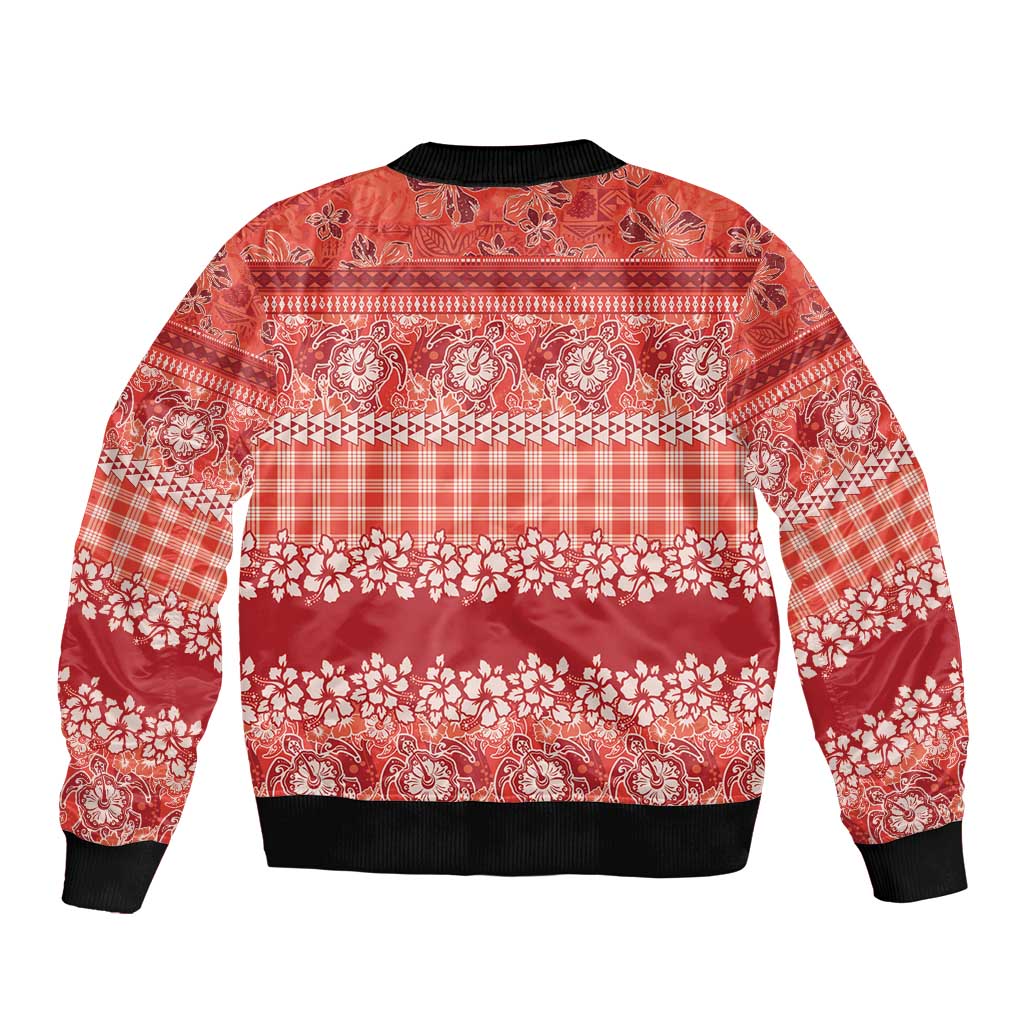 Hawaiian Hibiscus Honu Sleeve Zip Bomber Jacket Red Mele Kalikimaka Palaka Spirit - Polynesian Pride